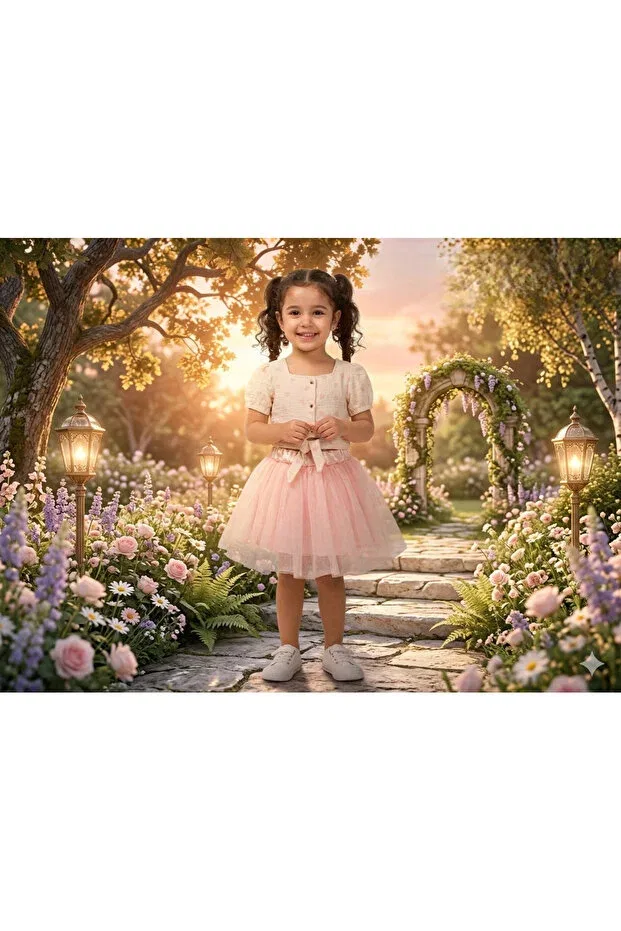 Детский комплект для девочек с принтом Girl's Heart Patterned Muslin Crop Blouse And Pink Tutu Skirt Set Canöz, Pink — фото 3