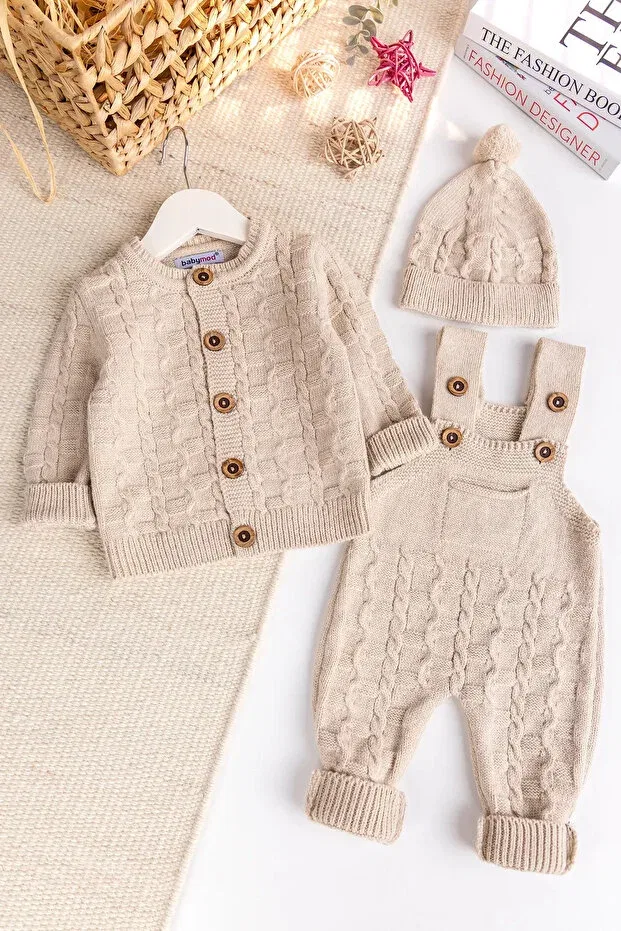 Детский вязаный комбинезон для мальчиков с принтом Knitwear cardigan 3-piece adjustable strap knitted baby boy salopet jumpsuit set Babymod, Beige