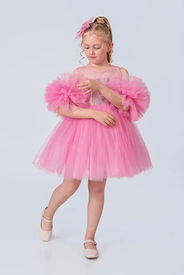 Детское платье для девочек с пайетками Pompom Sleeves And Sequined Tutu Vestitino, Candy Pink — фото 2