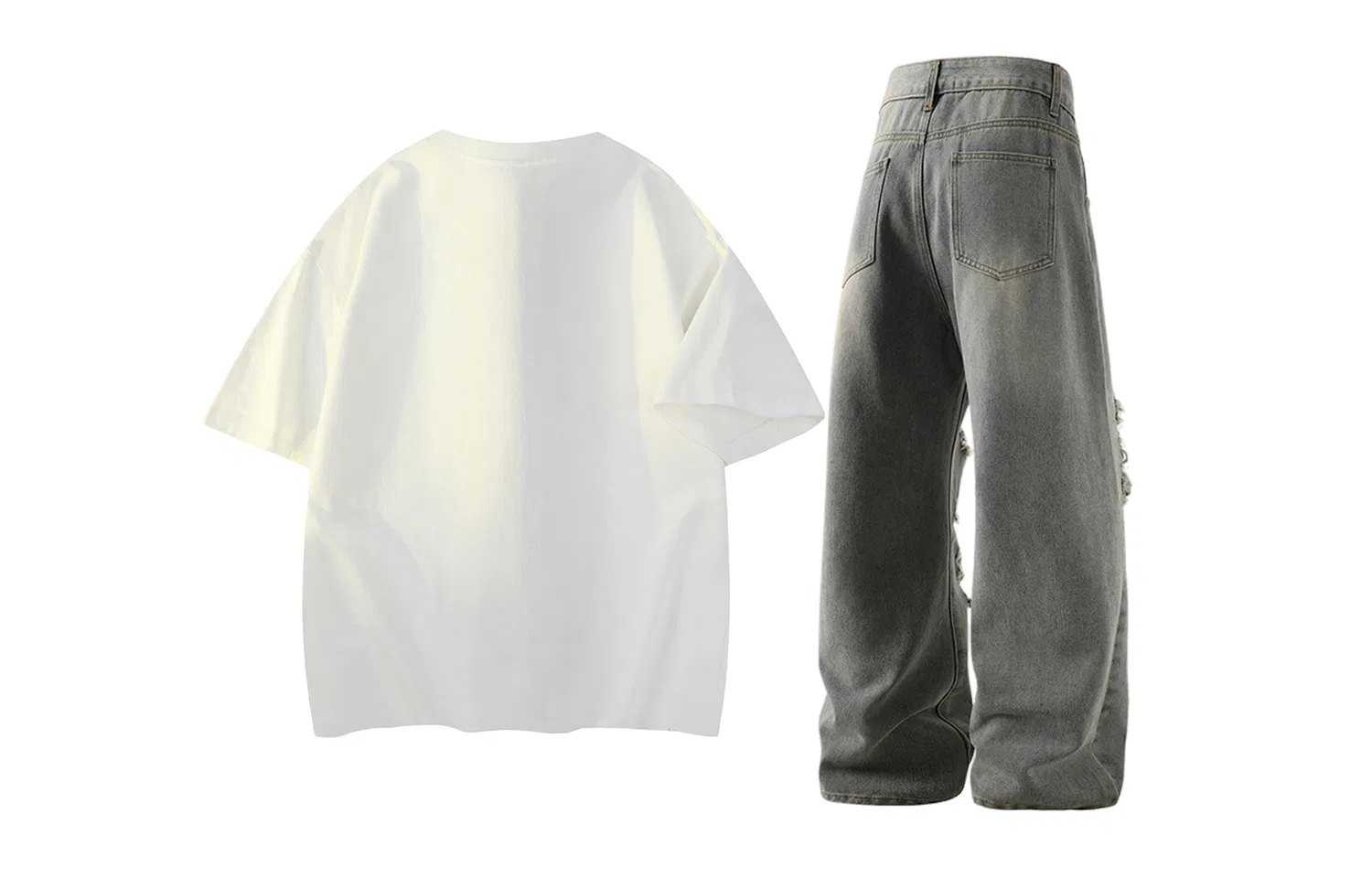 Детский комплект из футболки и джинсов с рваными коленями X1617, White Short-Sleeved T-Shirt Vintage Blue Ripped Jeans — фото 3