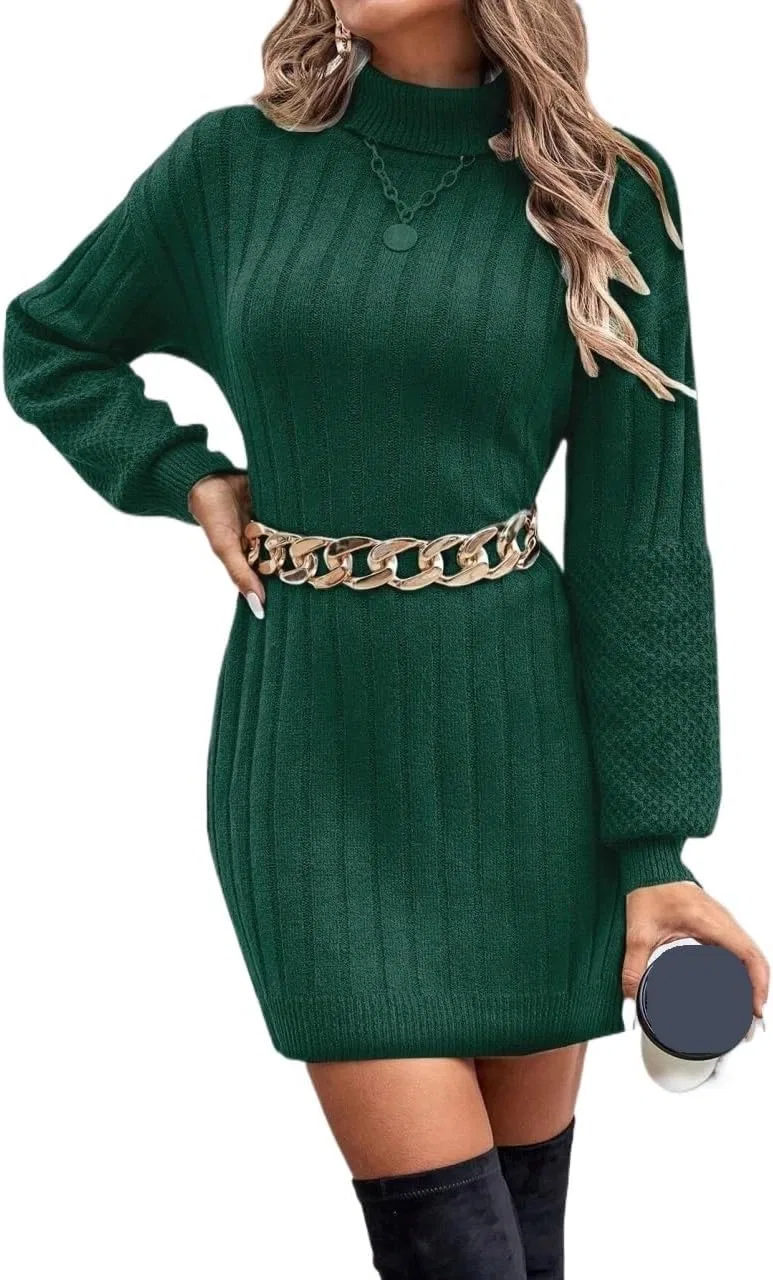 Женское кашемировое платье с высоким воротником и разрезом, Dark Green — фото 2
