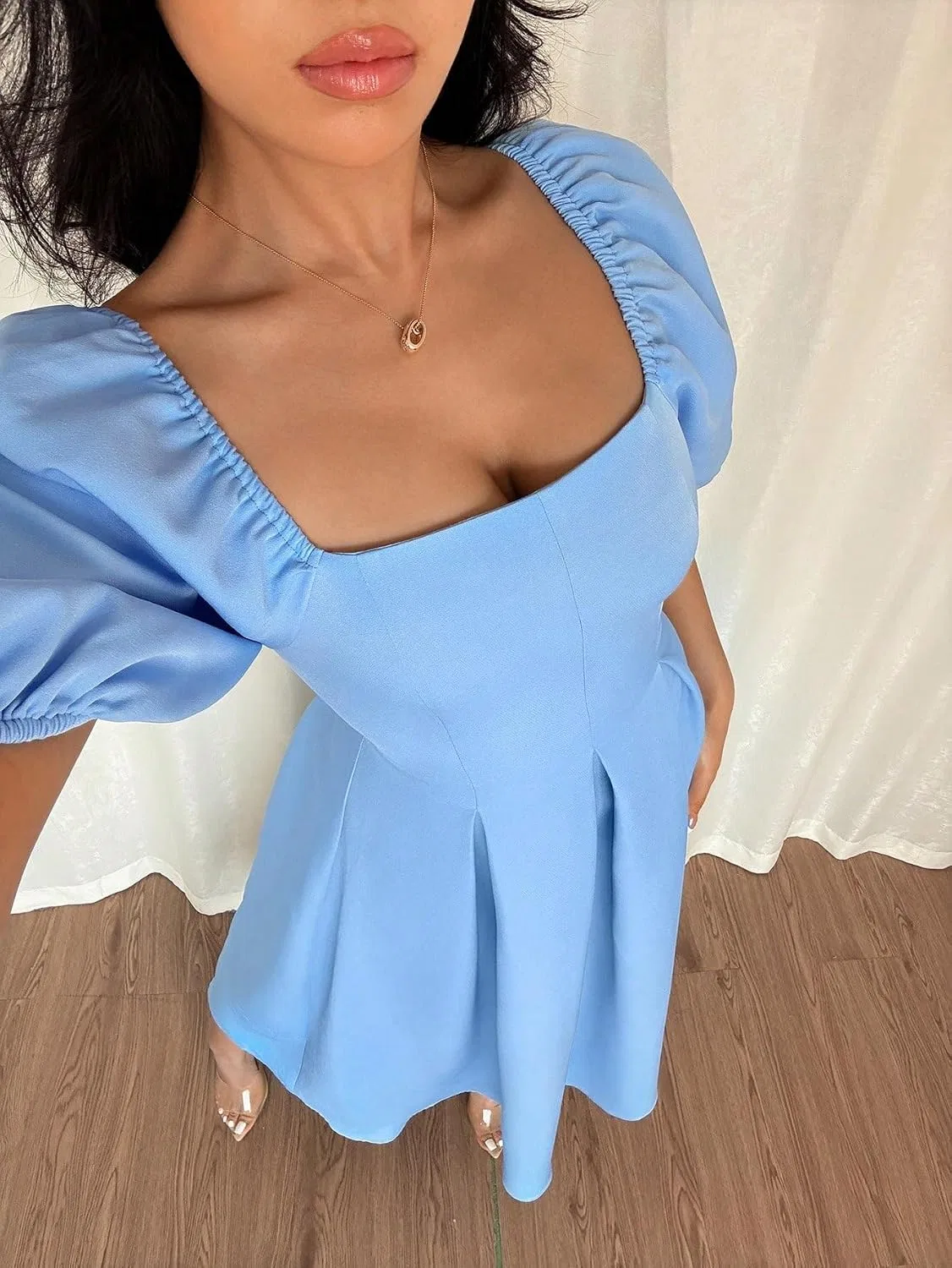 Женское миди-платье с рюшами французского стиля, Blue — фото 4