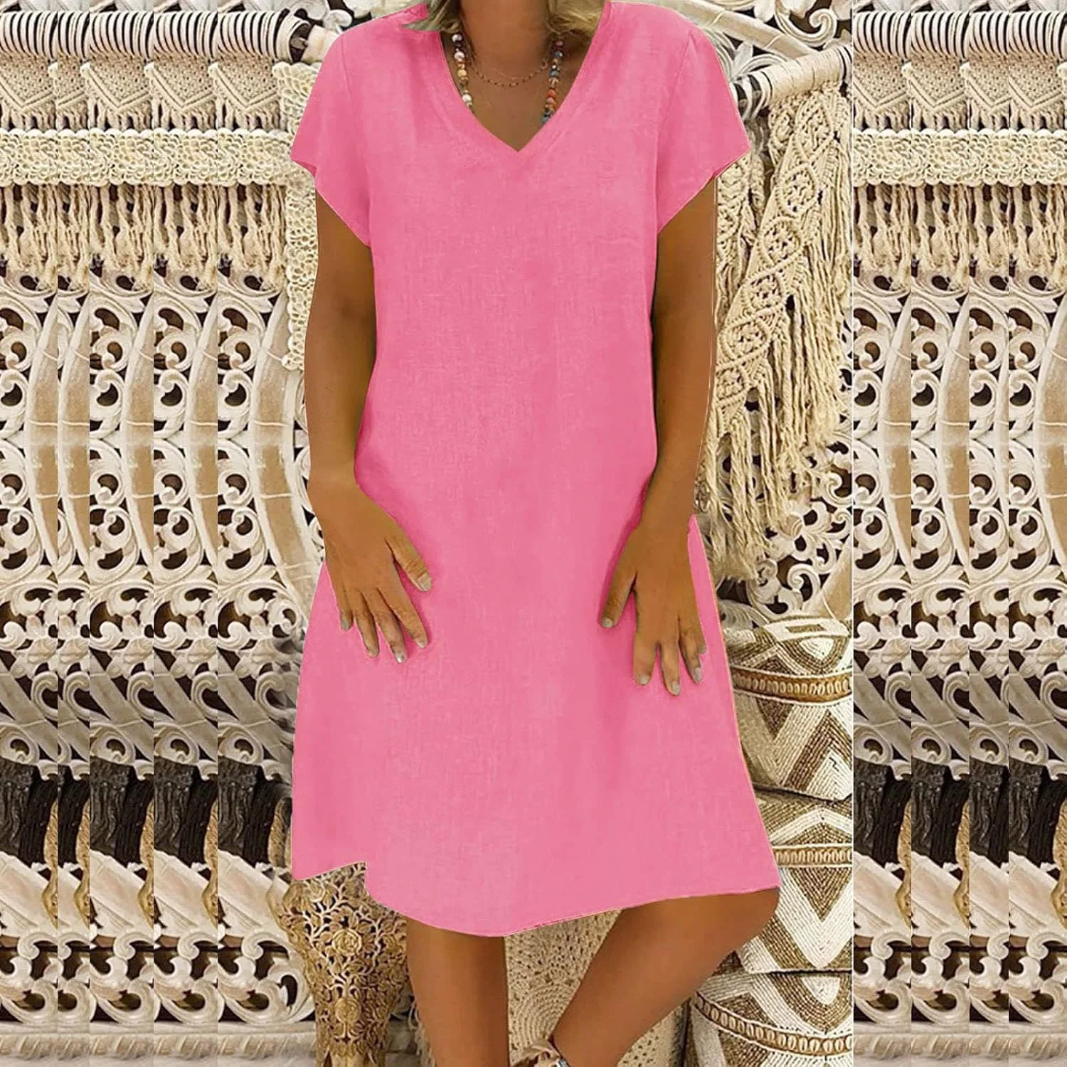 Женское летнее платье из хлопка и льна Generic, Pink — фото 3