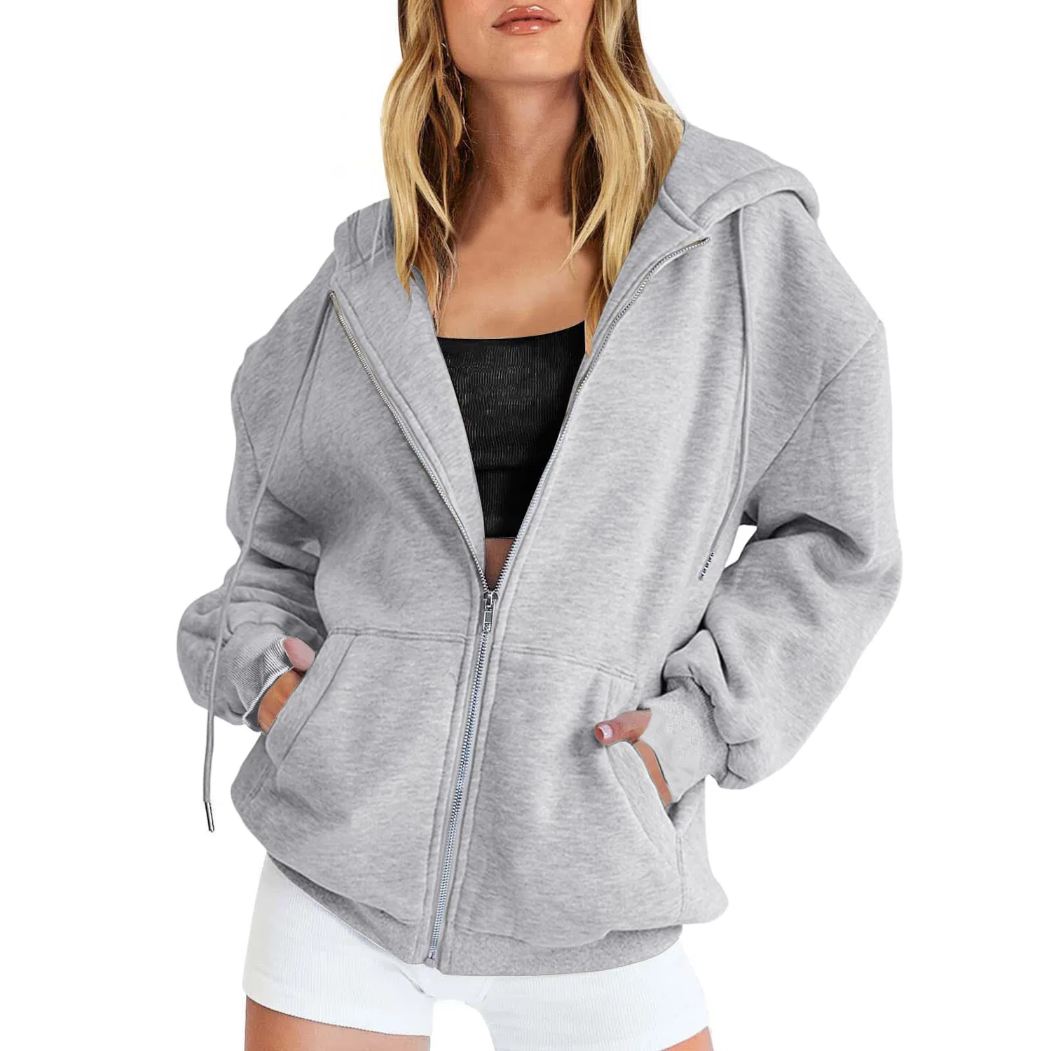 Женский худи oversize с капюшоном и молнией, хлопковый, A-grigio