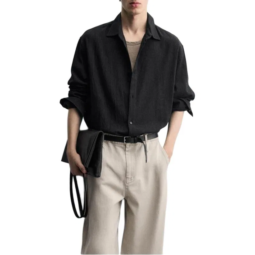 Мужская рубашка с лацканами Black Lapel, ZARA, Черный — фото 4