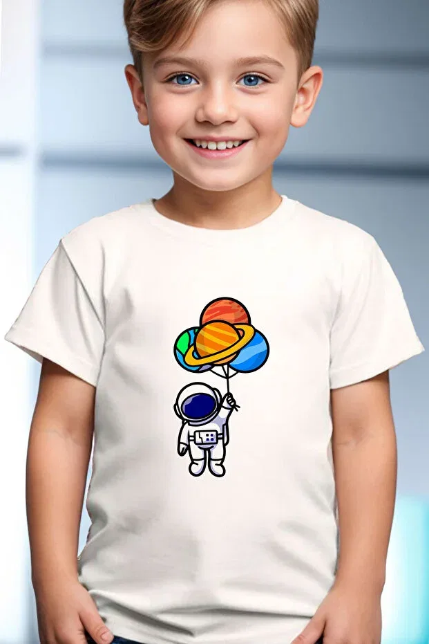 Детская хлопковое футболка для девочек Astronaut and space printed balloon patterned Widi, White
