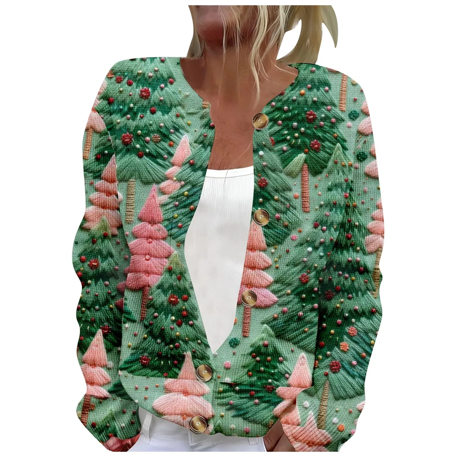 Женский кардиган с принтом Elegante cardigan casual con stampa e abbottonatura, Verde Chiaro #28