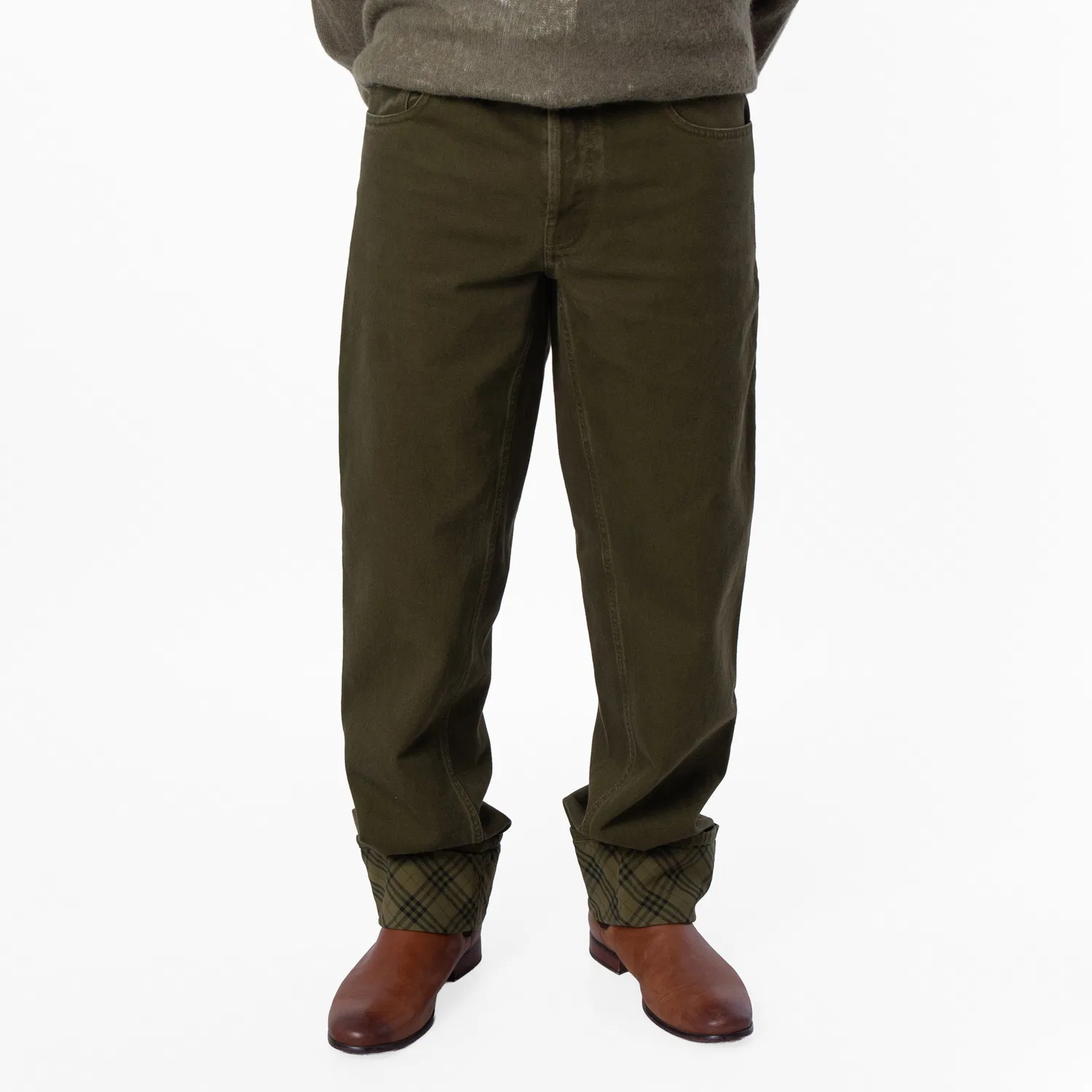 Джинсы с подворотом и клетчатым кантом Check Pattern Turn Up Hem Burberry, Herb