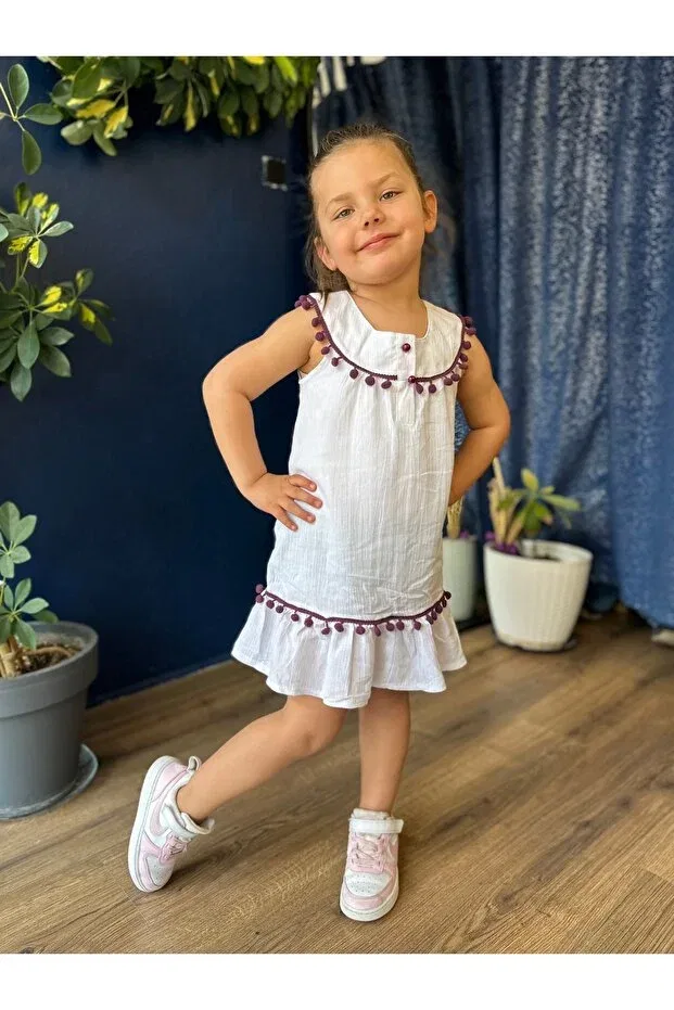 Детское платье для девочек с принтом Pompom şile bezi̇ children's elbi̇ dress Fortuna Butik, Purple