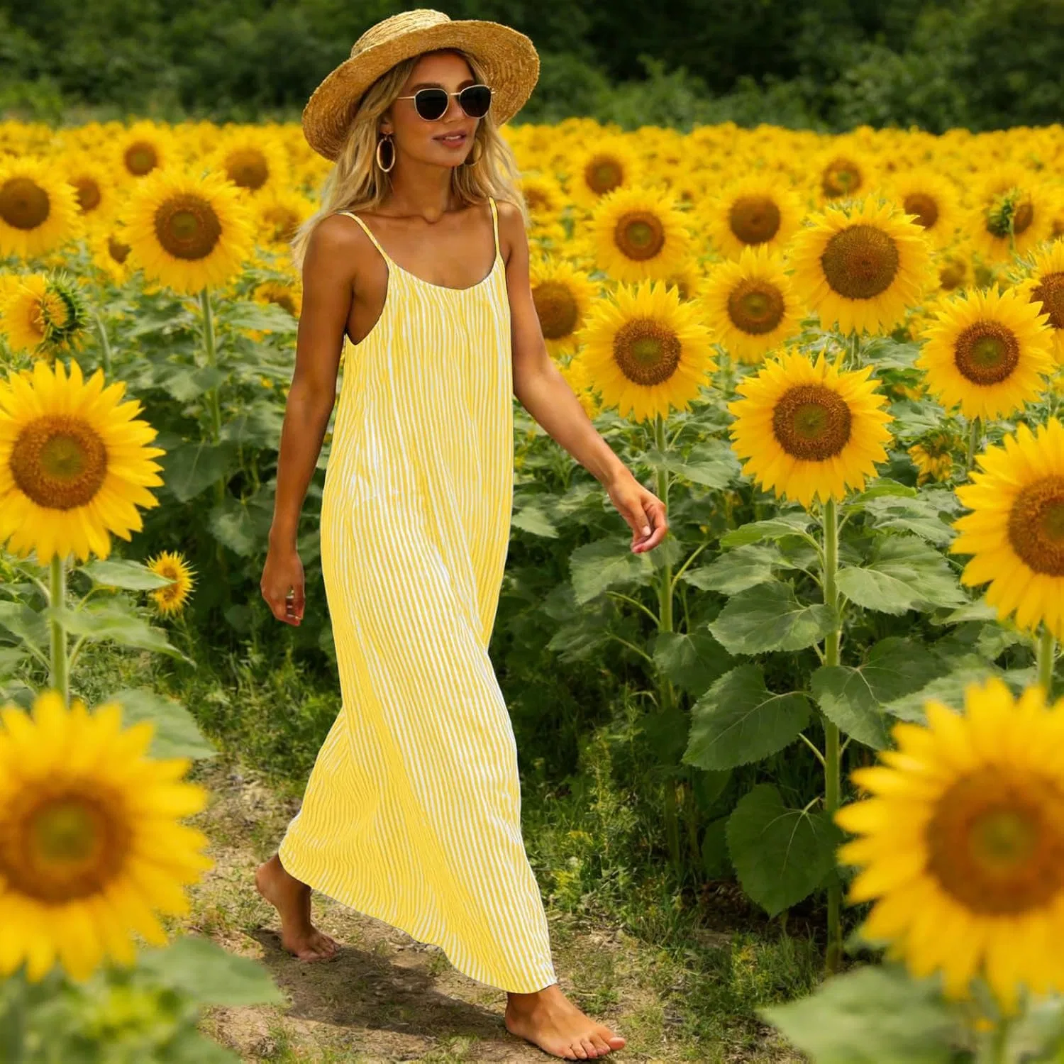Женское летнее платье на бретелях с полосками, Yellow — фото 3