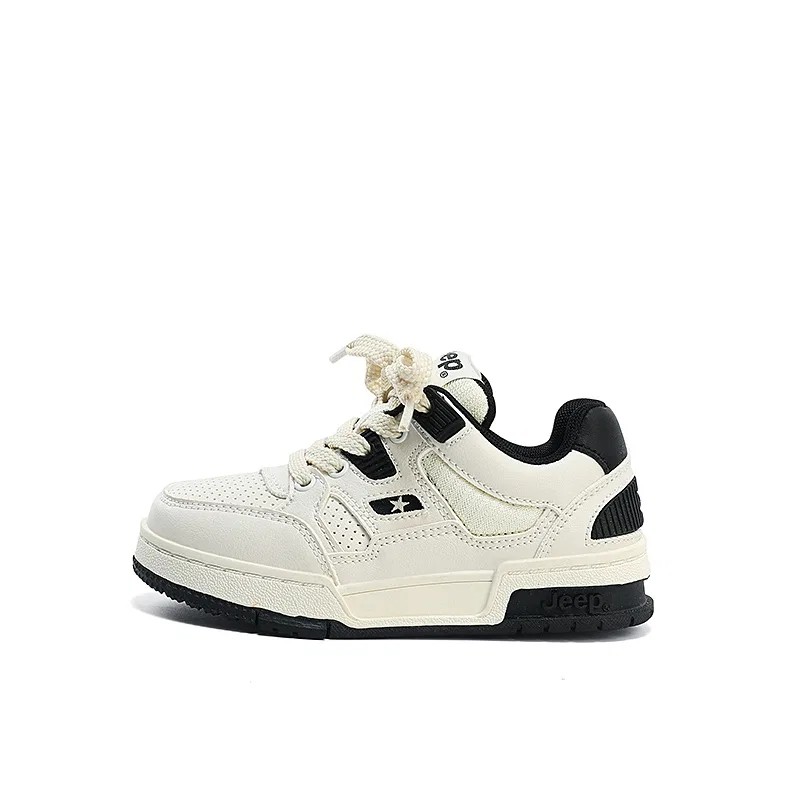 Детские кроссовки с защитой от истирания Jeep Anti Kick Abrasion Resistant Rebound Breathable Lightweight Cushioning Balance Support Low top, Ivory White/Obsidian Black