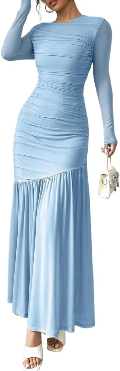 Женское облегающее платье с длинным рукавом и сетчатыми вставками, Baby Blue