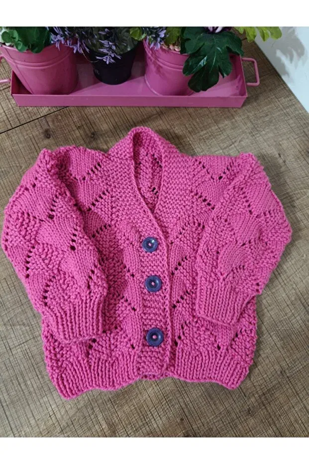 Детский кардиган для девочек вязаный Hand Knitted Kids Cardigan El Örgüsü Cici Bebe, Fuchsia Color — фото 2