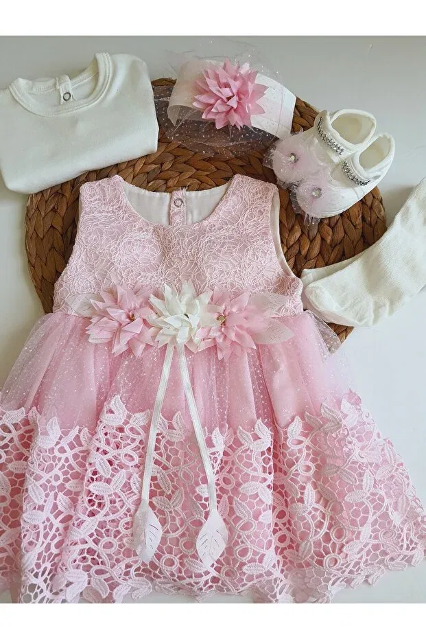 Детский комплект для девочек кружевной Mevlüt Dress Pileki Baby, Pink — фото 2