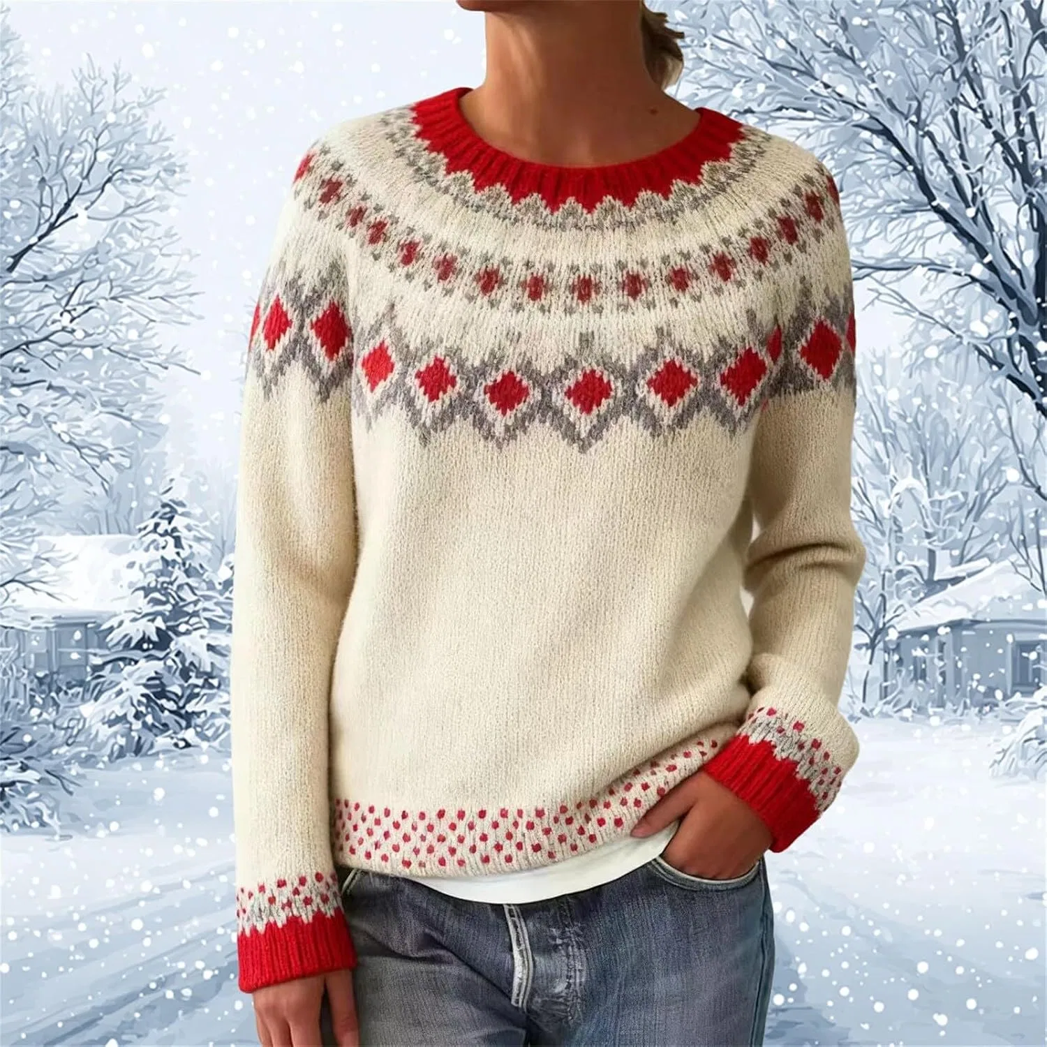 Женский свитер с принтом Fair Isle, модель Crew Neck Fair Isle Sweater, светло-жёлтый — фото 3