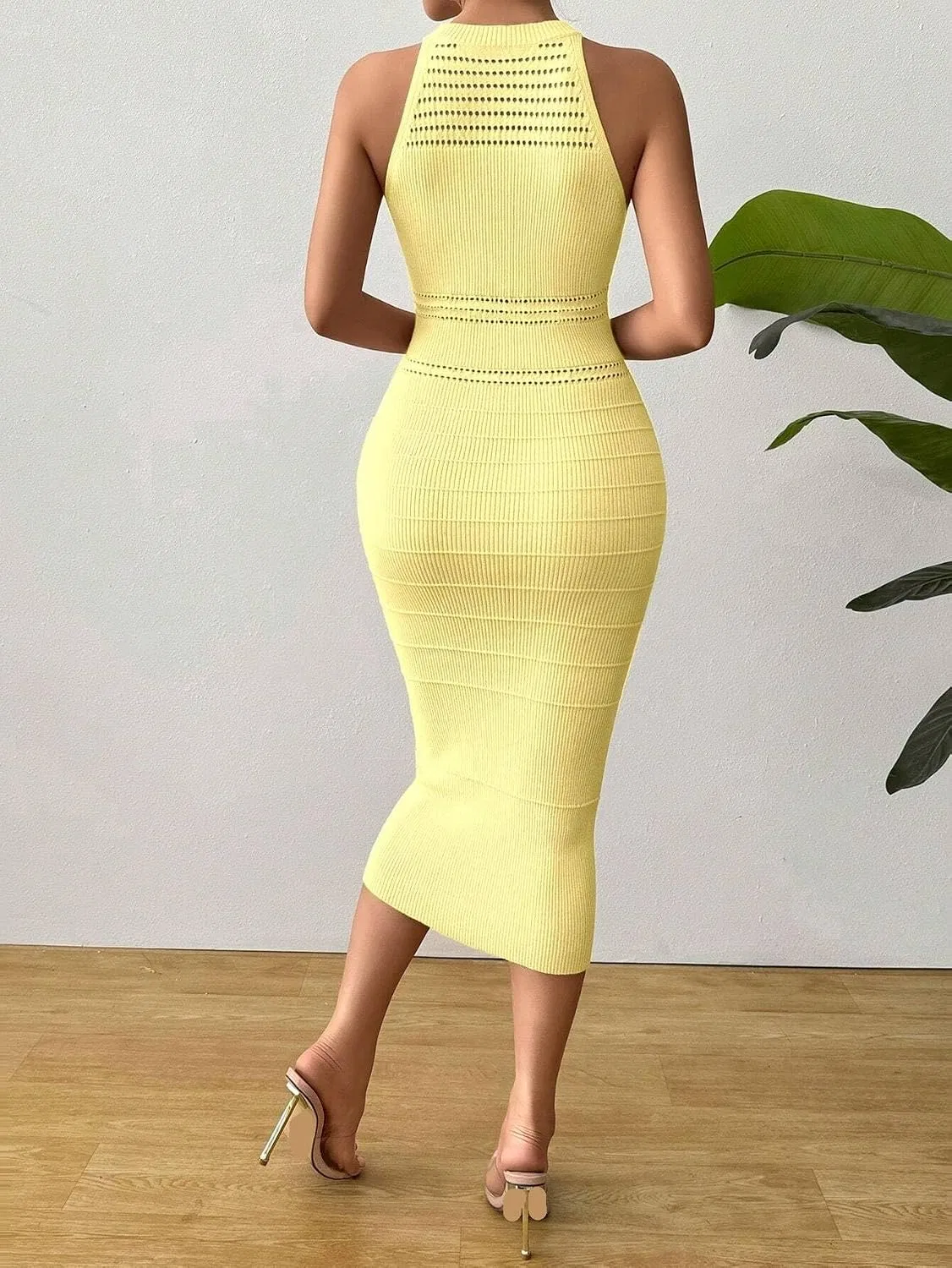 Женское трикотажное миди-платье без рукавов Rib-Knit, Yellow — фото 2