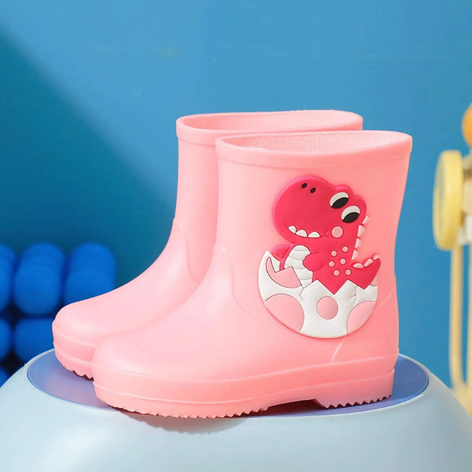 Детские сапоги дождевые с принтом динозавра для мальчиков и девочек, Pink — фото 3