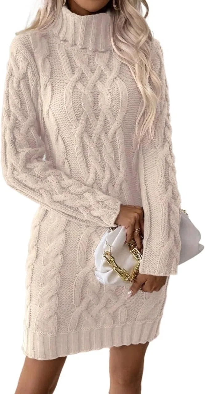 Женское короткое платье-свитер с высоким воротником Solid Color, Apricot