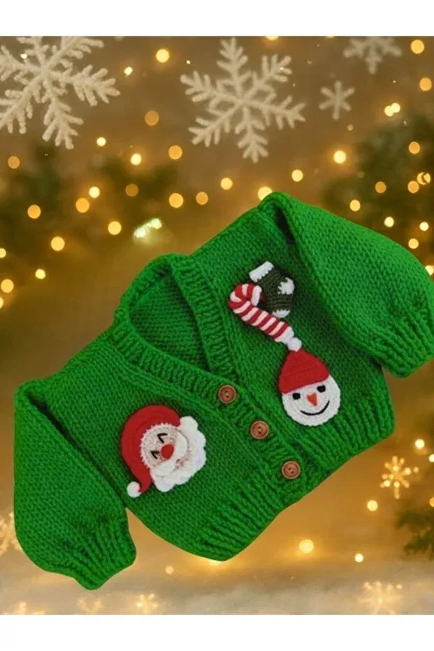 Детский кардиган для девочек оверсайз с длинным рукавом New year's special design hand-knitted cardigan - green baby children's sweater, santa claus and snowman En Home Style, Green
