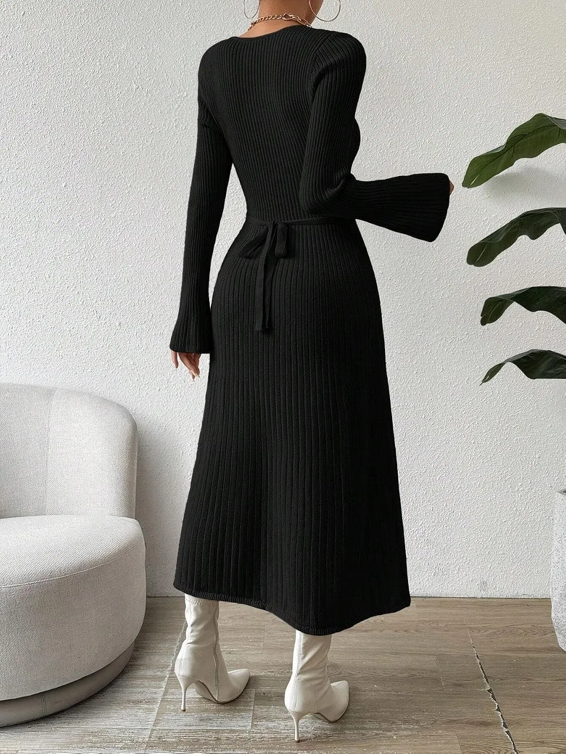 Женское платье с V-образным вырезом Knit, Black — фото 3