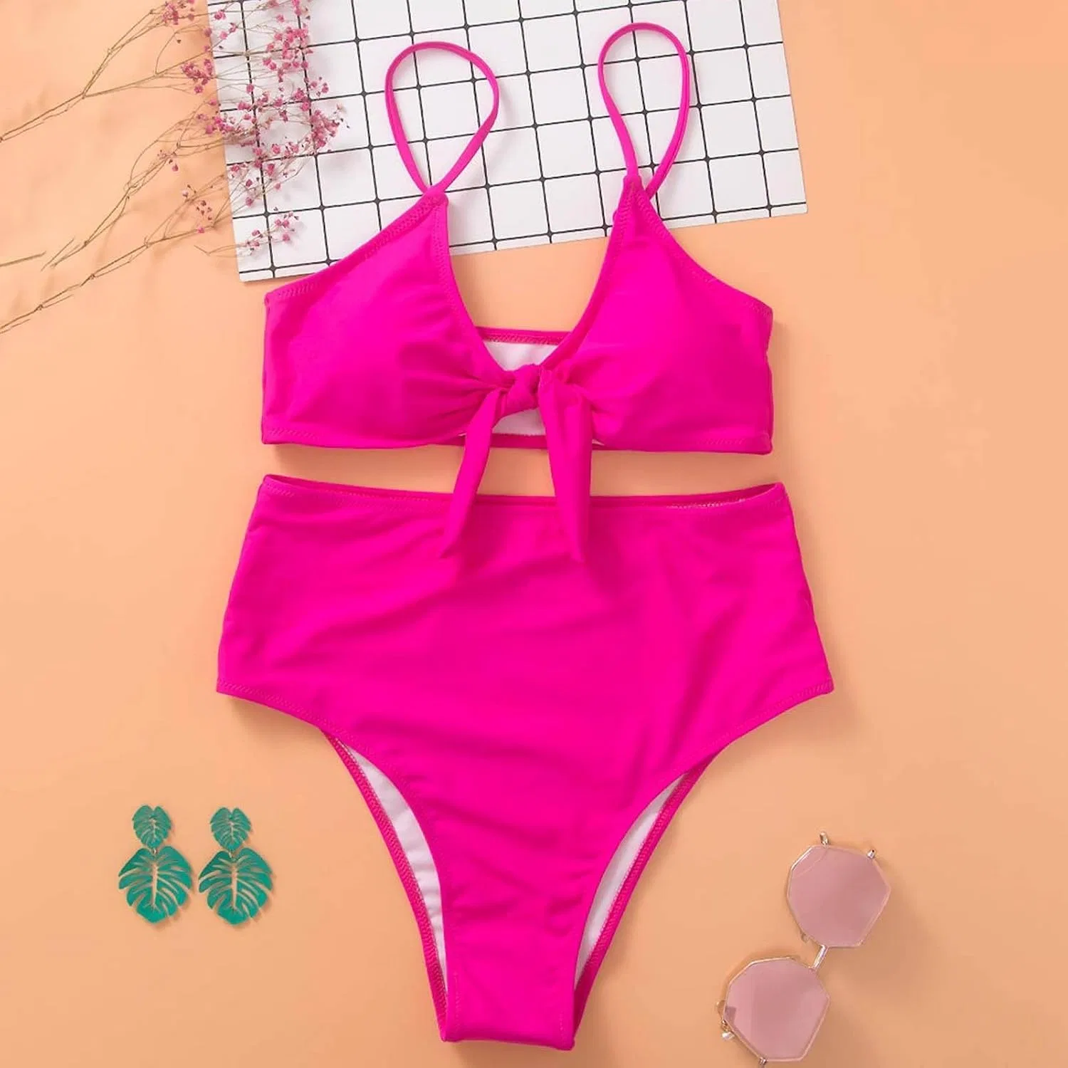 Женский бикини-сет с высокой талией с регулируемыми бретелями, Hot Pink — фото 4