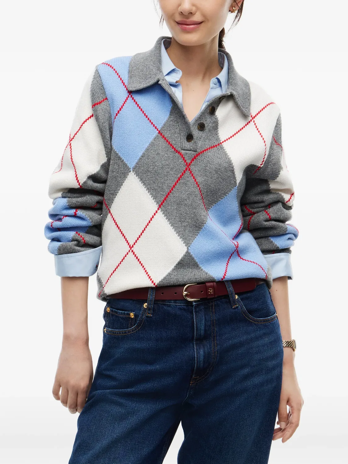 Свитер с воротником поло и узором аргайл Tommy Hilfiger, серый — фото 3