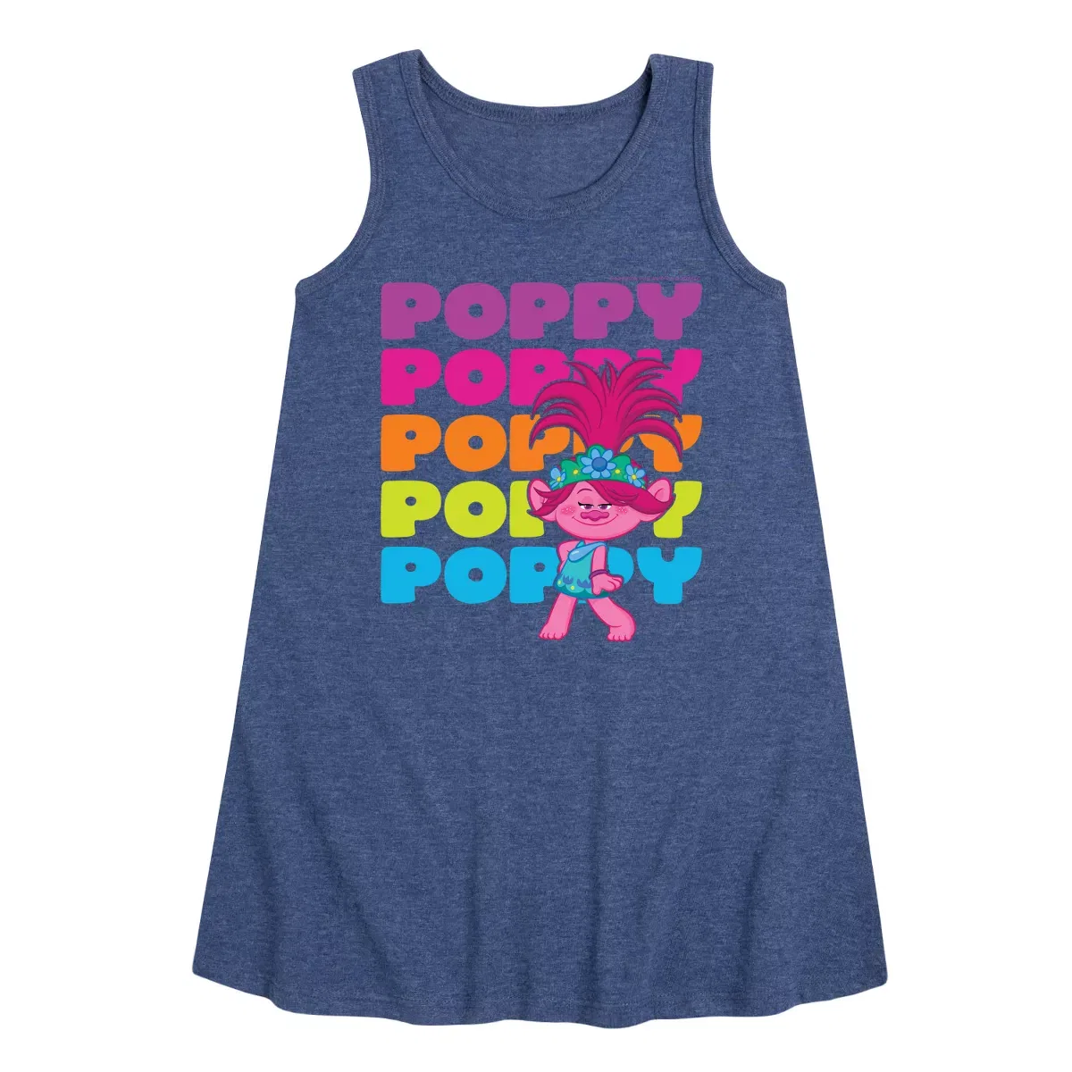 Детское платье для девочек без рукавов Trolls Poppy Stacked Name, Heather Navy