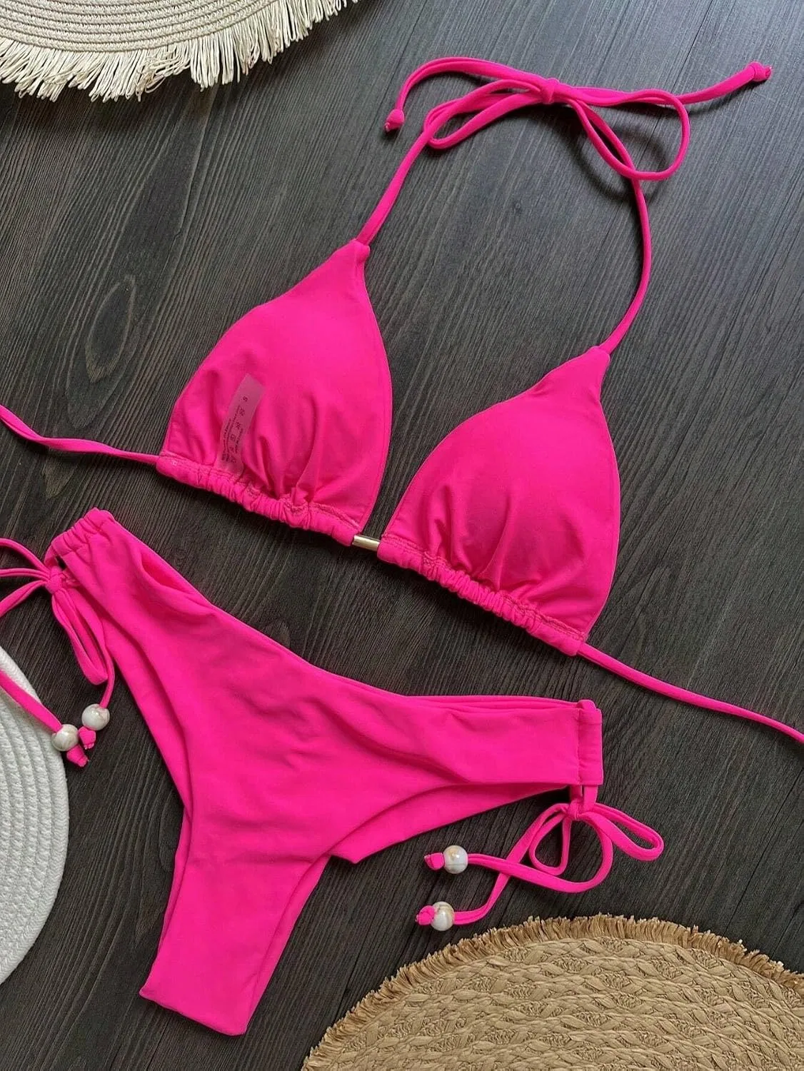 Женский бикини-сет с завязками на спине, Hot Pink — фото 2