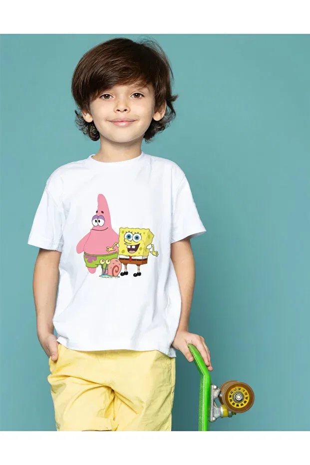 Детская футболка для девочек с принтом Sunger Bob printed children's t-shirt - barbie model Oneagılyazı, White