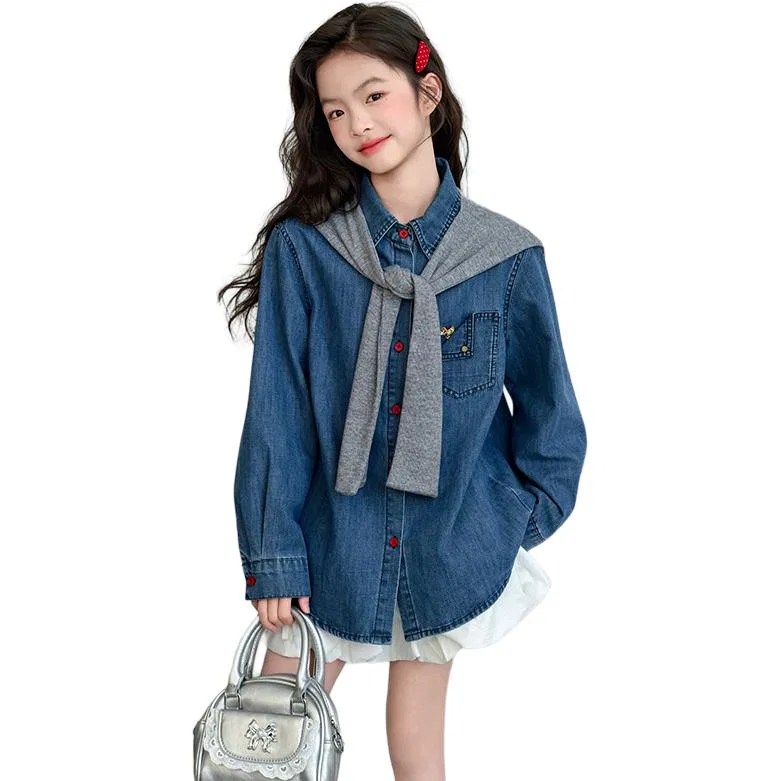 Детская джинсовая рубашка с длинным рукавом Solid Color Spring Fall Kids' PLANDOO