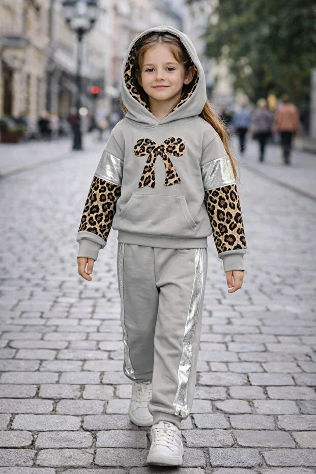 Детский комплект спортивного костюма для девочек с принтом Leopard Prenses Peri Kids, Gray