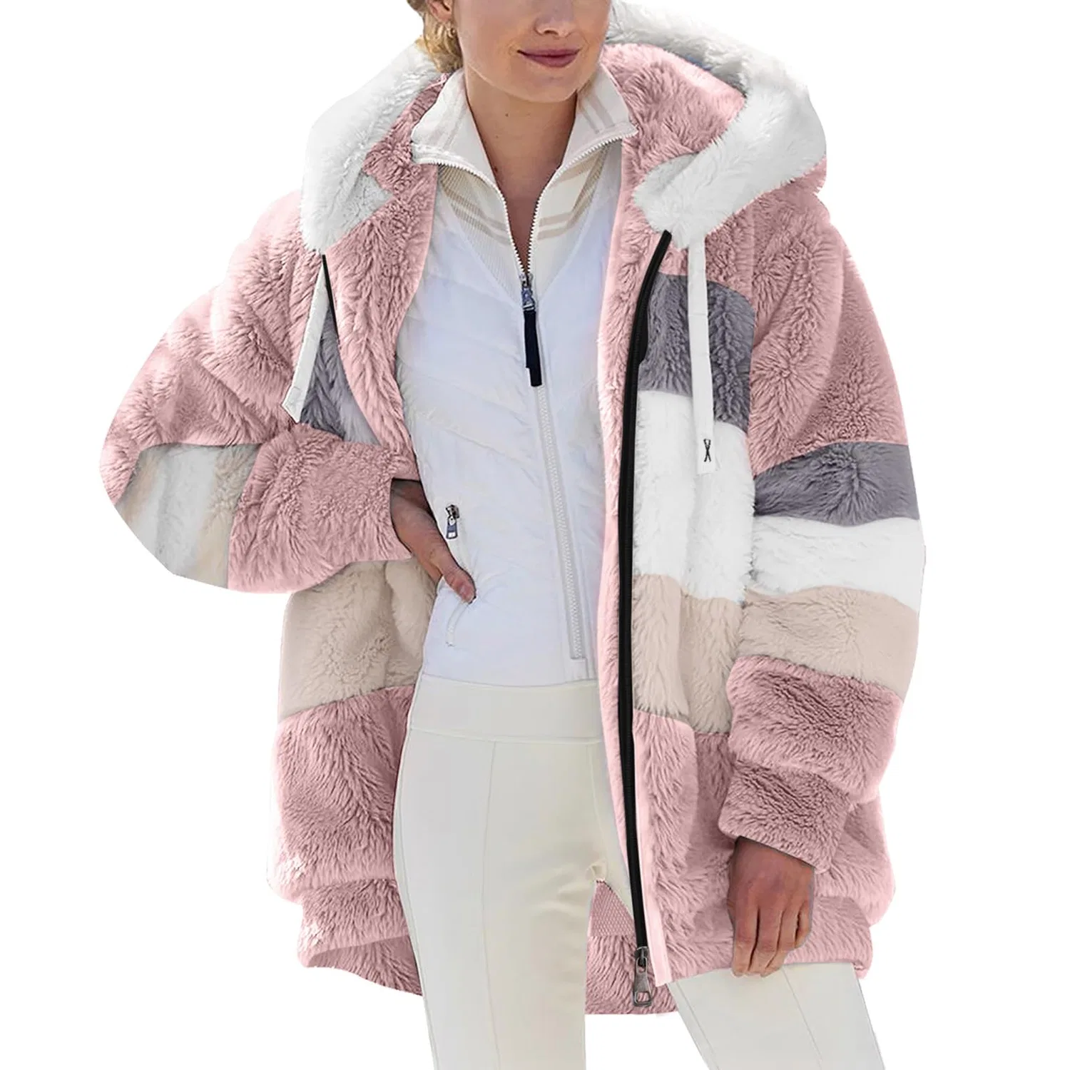 Женское пальто с капюшоном из флиса с длинным рукавом, Rosa