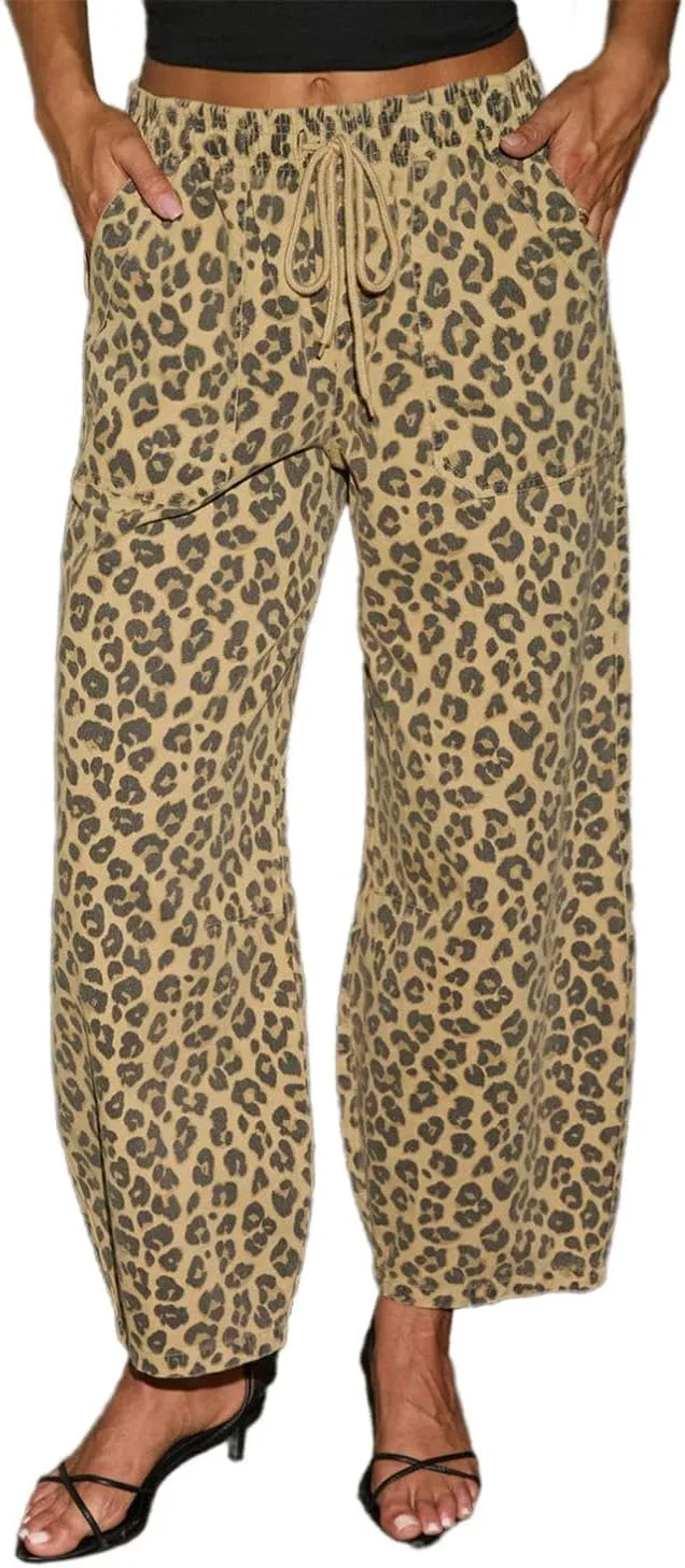 

Женские джинсы с высокой талией и шнурком в леопардовом принте Gofusome