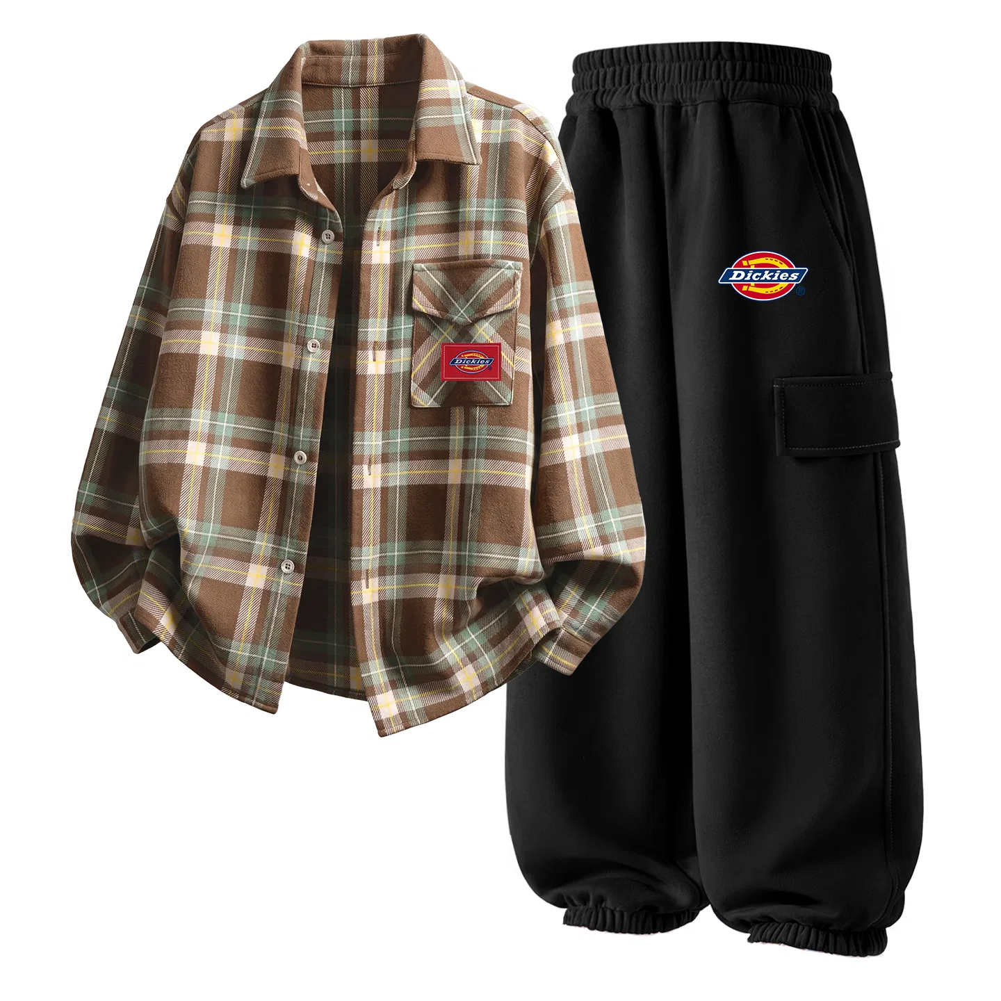 Детский спортивный костюм с принтом Dickies, Rum Brown Plaid+S Logo Thick Black
