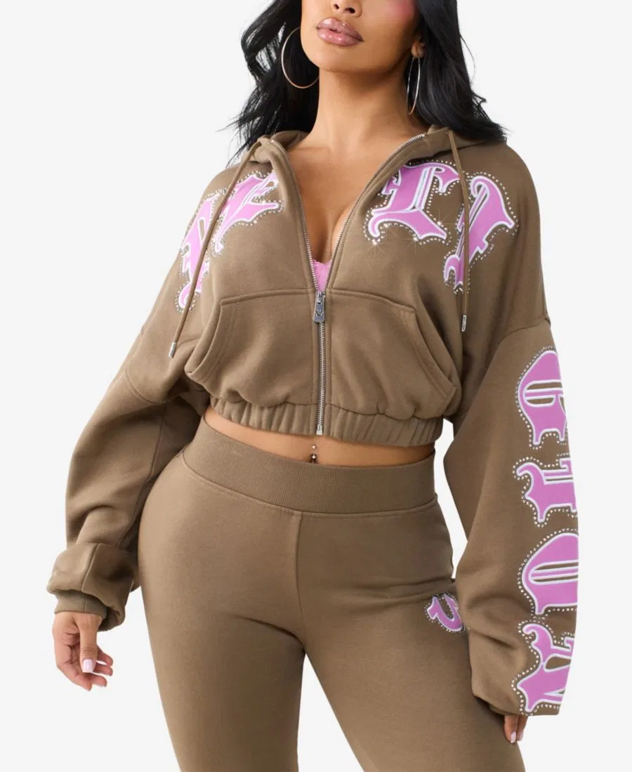 Худи с молнией и кристаллами, свободного кроя, модель Crystal Patched Relaxed Girlfriend Zip Hoodie True Religion, Shitake