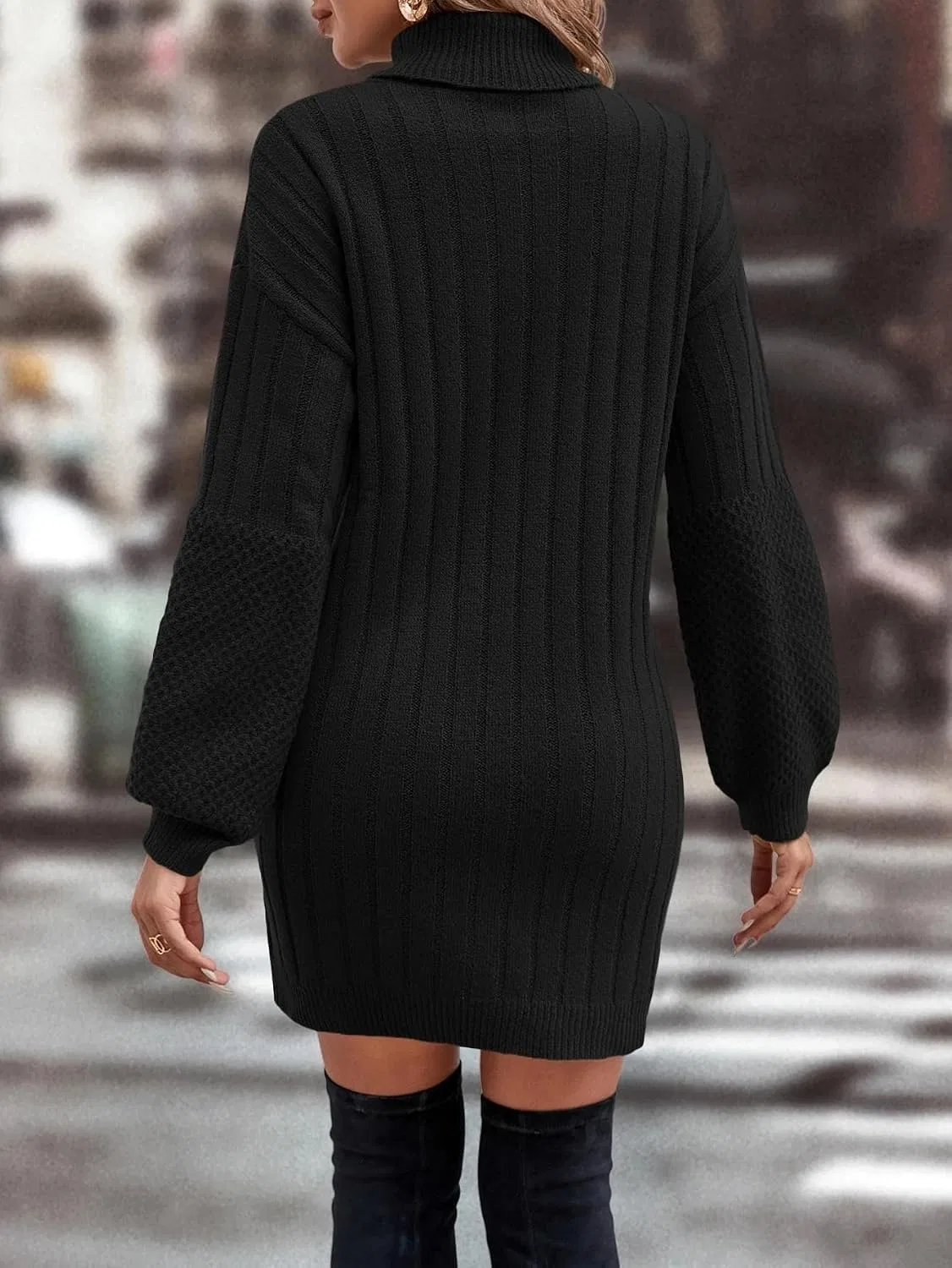 Женское повседневное платье-свитер с высоким воротником, Black — фото 2