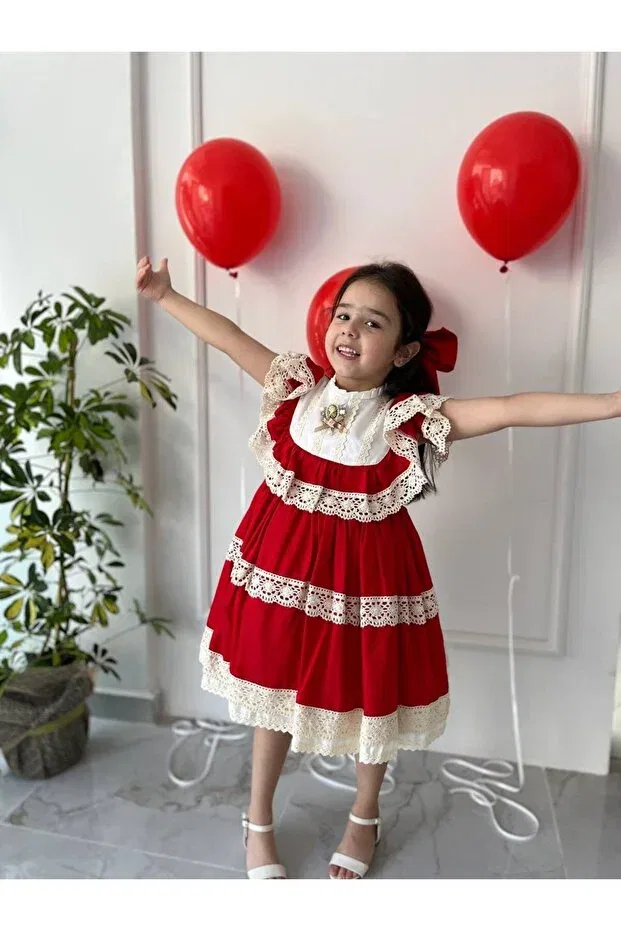 Детское платье для девочек хлопковое Party Sare Çocuk Giyim, Red — фото 3