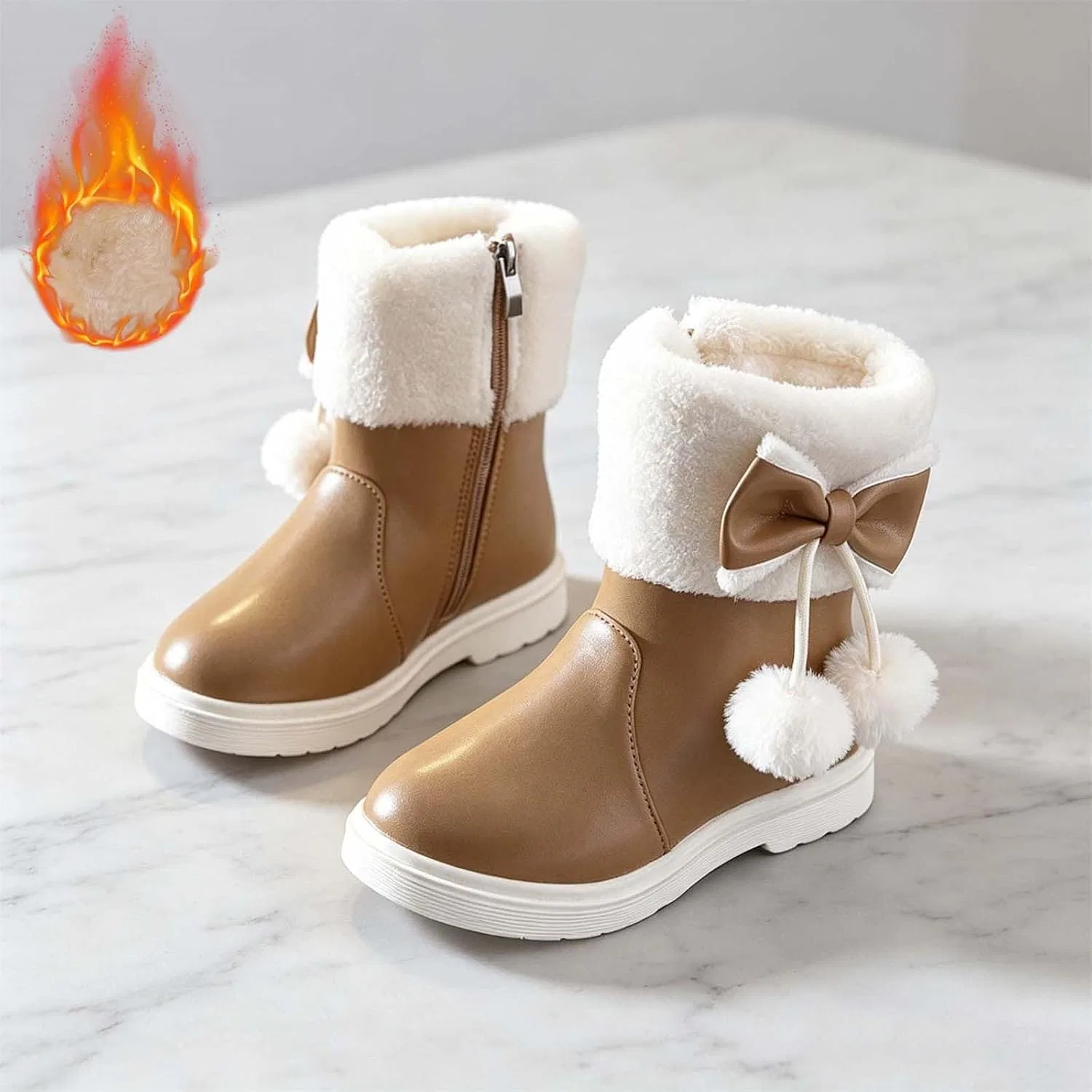 Детские зимние сапоги для девочек с меховой подкладкой и бантом SHOPESSA, Beige — фото 3