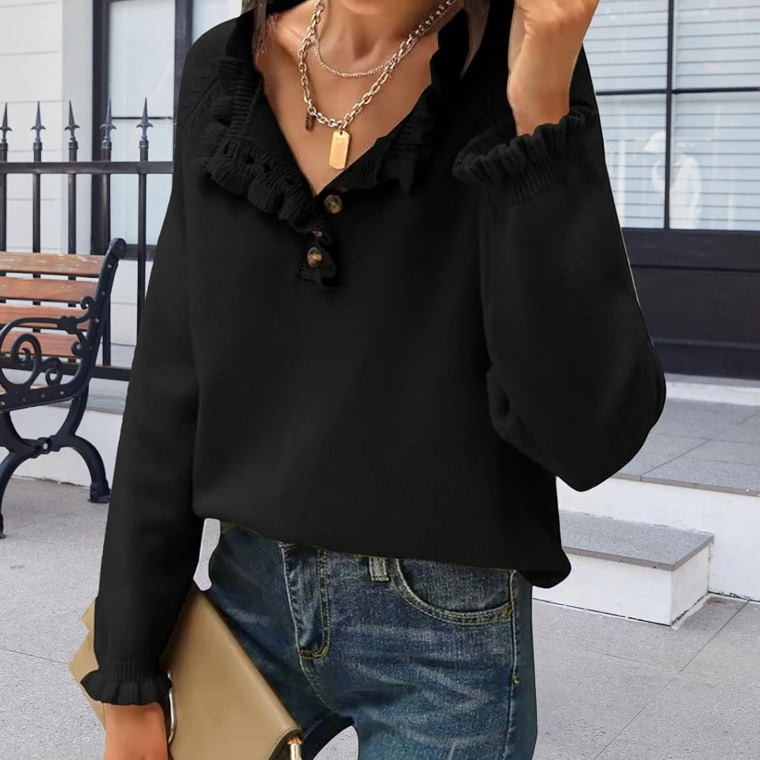 Женский свитер с рюшами, модель Ruffle Sweaters, чёрный — фото 3