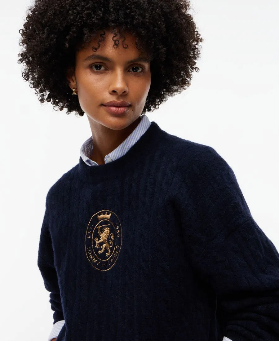 Женский свитер крупной вязки с круглым вырезом и вышитым гербом Tommy Hilfiger, Dark Blue — фото 3