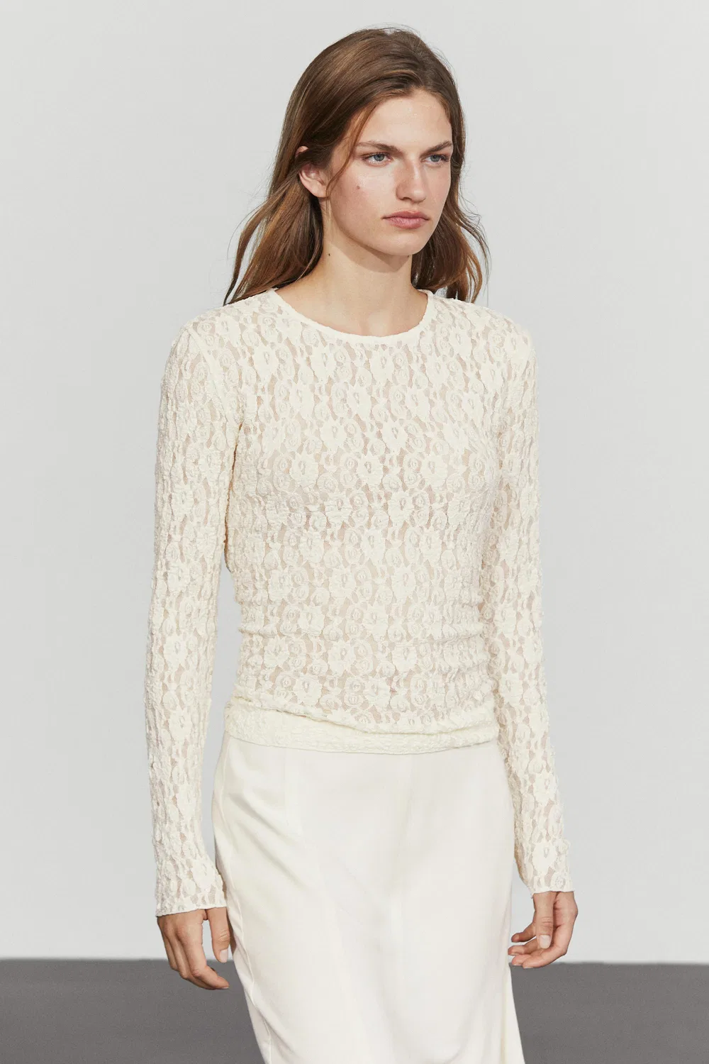 Лонгслив Massimo Dutti Lace Detail, кремовый