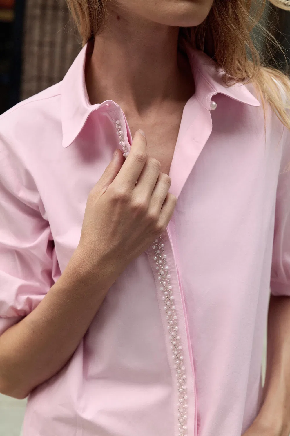 Рубашка из искусственного жемчуга из поплина ZARA, Pink — фото 3