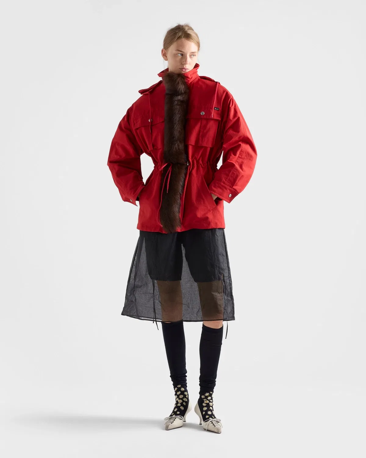 Парка из технической ткани с отделкой из овчины Prada, красный — фото 2