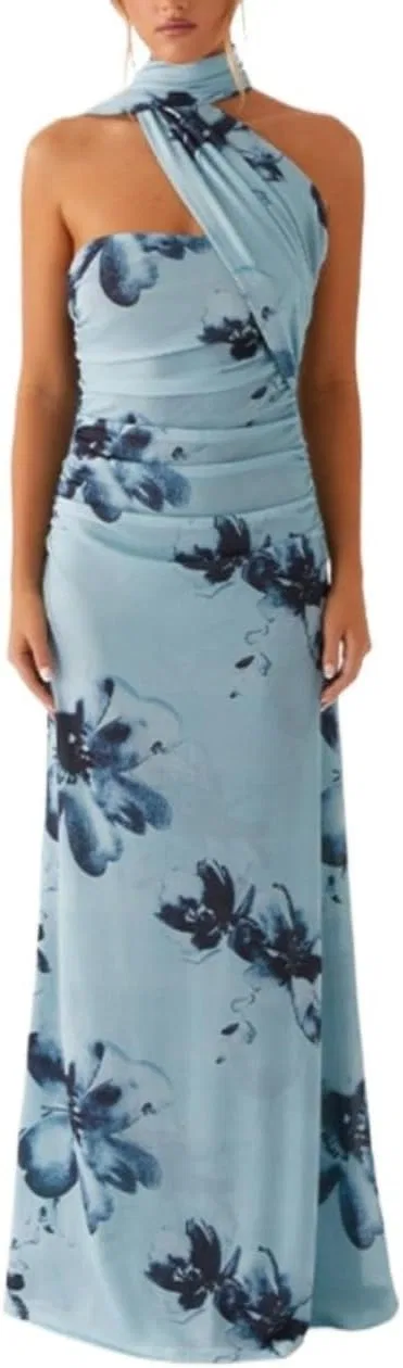 Женское вечернее платье с принтом, Split Neck, V-Neck, Blue
