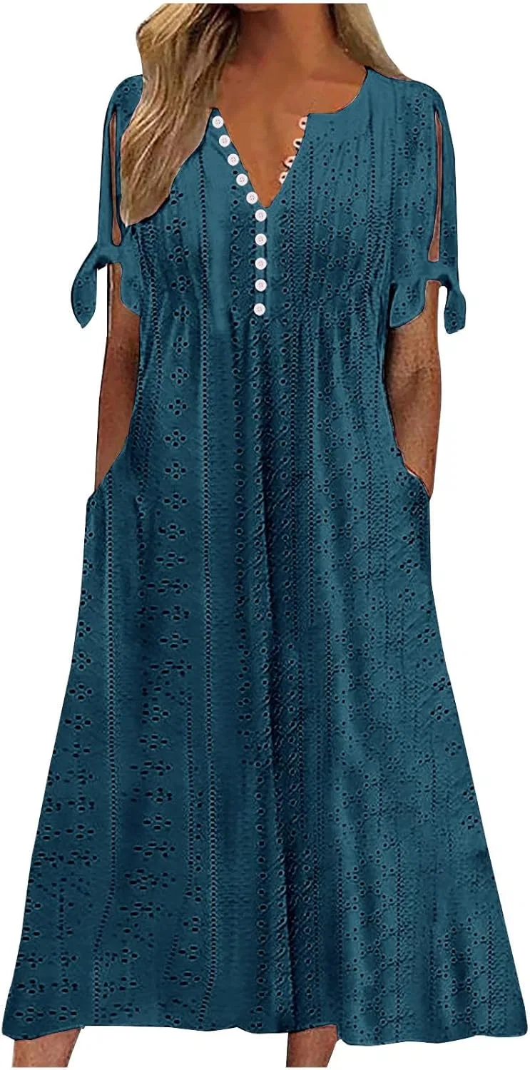 Женское платье миди с вышивкой и завязками на рукавах, Dark Blue