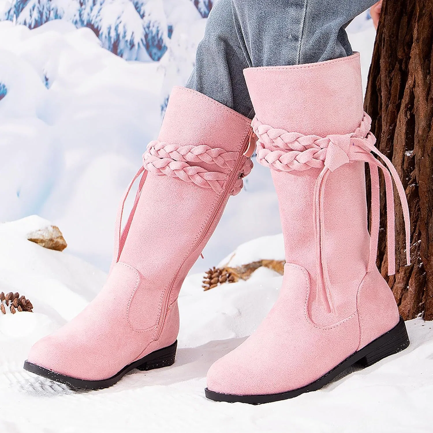 Детские сапоги для девочек с бахромой и плетением, модель Cowgirl Suede Boots, Pink — фото 2
