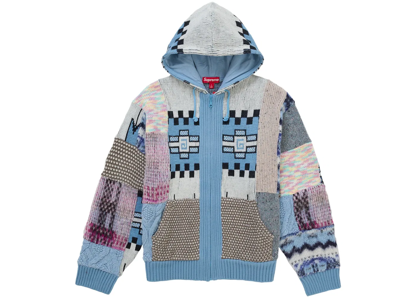 Мужской свитшот с принтом Supreme Patchwork Zip Up Hooded Sweater, Light Blue