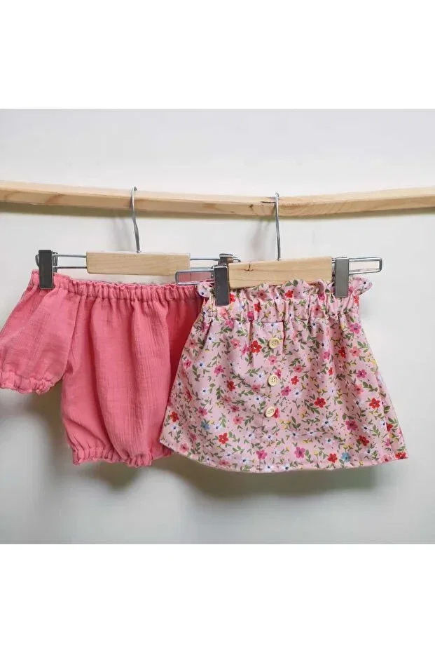 Детский комплект для девочек хлопковый Madonna collar muslin blouse & floral pattern buttoned skirt set Bebeğime Çorap, Pomegranate Blossom