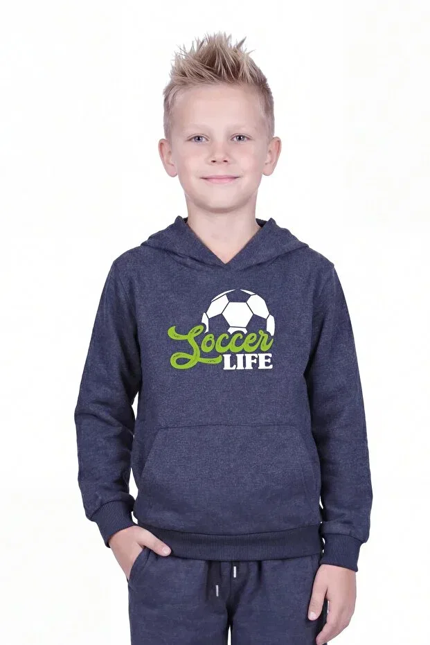 Детская толстовка для мальчиков с принтом Hooded Print Detailed Boys' Sweatshirt With Kangaroo Pocket Ya Ko Kids, Smoke Grey — фото 4