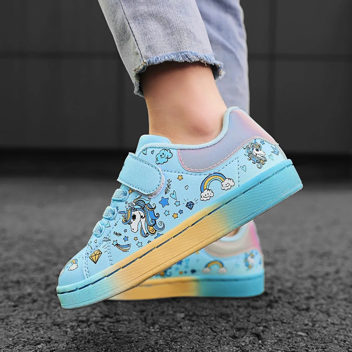 Детские кроссовки для девочек с принтом Unicorn GEERX, Light Blue — фото 3